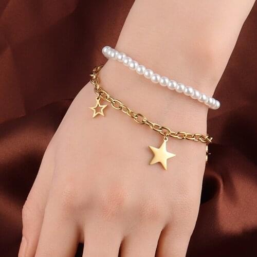 Star Bracelets Unusual Pearl Bracelet For Women Stainless Steel Bracelet Butterfly Charms Chain Double-layer Bracelet Jewelry