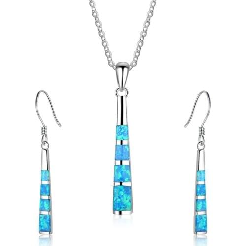 Charm Geometric Shape Jewelry Set Blue Imitation Fire Opal Pendant Necklace With Earrings For Women Accessories Party Loves Gift