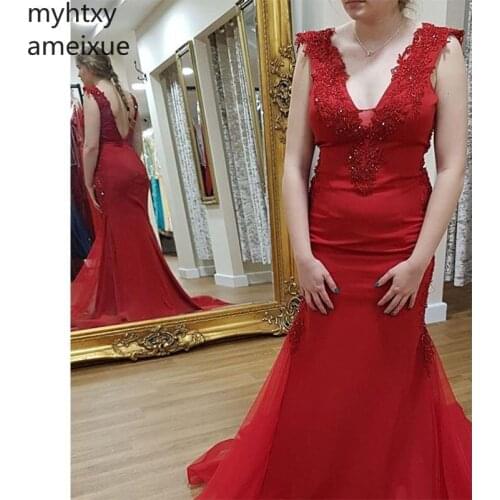 Custom Elegant Red Plus Size Evening Dress Floor Length Appliques V Neck Mermaid Style 2020 New Prom Gowns Backless Plus Size