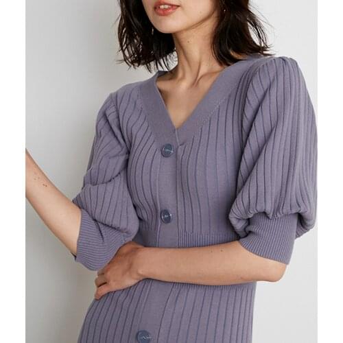 Neploe 2021 Autumn New Fashion Dresses V Neck Solid Puff Sleeve Slim Knitted Mermaid Vestidos Japan Style Sexy Women Robes