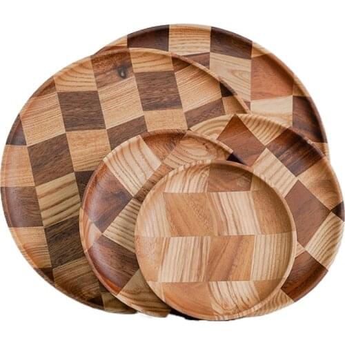 Solid Wood Tray Color Matching Round Multifunctional Food Disc Tableware Plate Hotel Service Household Kitchen Storage Supplies