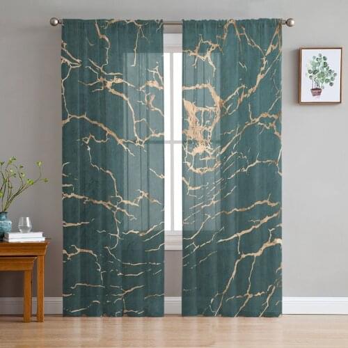 Green Marble Lines Golden Crack Texture Sheer Curtains for Living Room Tulle for Windows Voile Yarn Short Bedroom Curtains