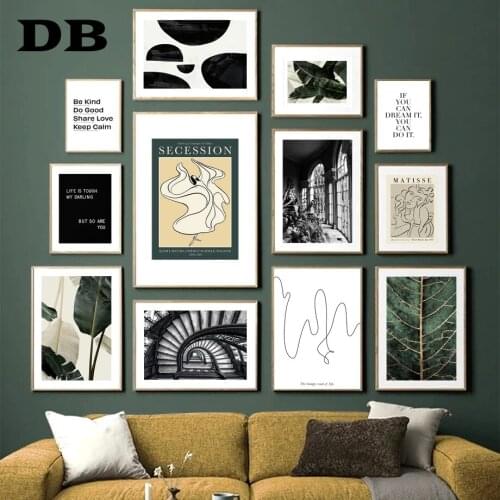 Green leaf Figure line Abstract Wall Art Print Canvas Painting Garden Stairs Nordic Vintage Poster Decor Picture For Living Room