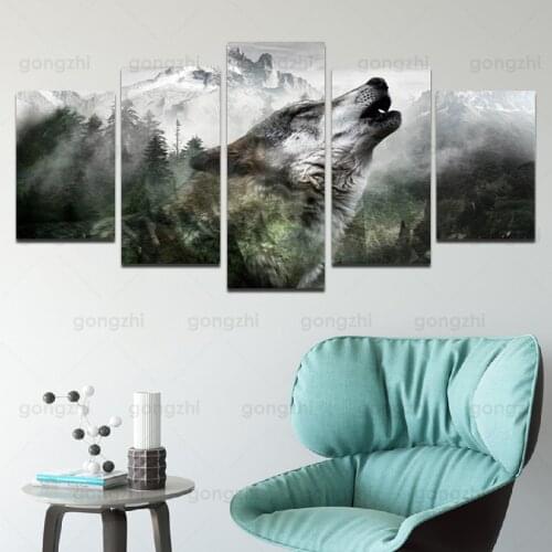Modern Abstract Forest Snowy Mountain Wolf Ferocious Animal Wall Painting Art Exhibition Frameless Canvas Printing Custom Poster