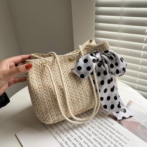 Vintage Handmade Purse Wicker Beach Bag Handbag Woven Silk Scarf Messenger Underarm Women Small Solid Color Handbags