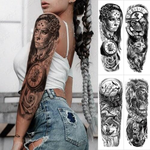 Waterproof Temporary Full Arm Tattoo Sticker Zeus Sea God Greek Goddess Clock Flash Tattoos Woman Body Art Fake Sleeve Tatto Men