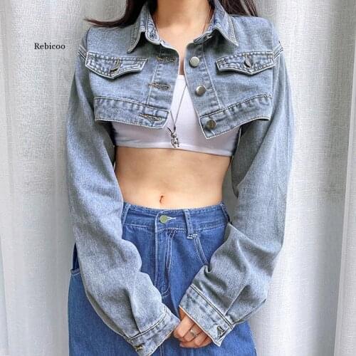 Y2K Solid Cropped Denim Jacket Women Autumn Vintage Sexy Kpop Streetwear Jeans Down Coat Female Winter Girls Top