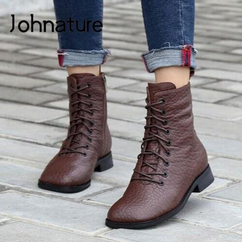 Johnature Winter Women Boots Genuine Leather Shoes 2021 New Zip Sewing Fashion Lace-Up Concise Handmade Leisure Platform Boots