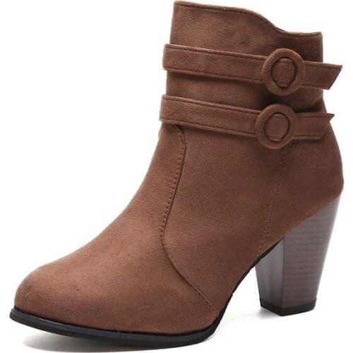 2019 Double Buckle Woman Boots Autumn Winter Shoes Women Block Heel Flock Short Ankle Boots Lady Casual Shoes 8CM