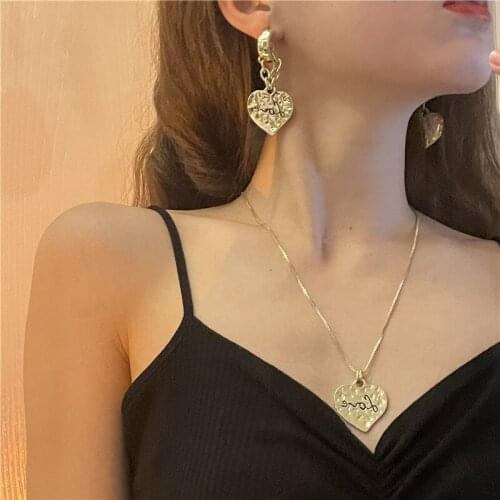 SRCOI Vintage Engraving Love Heart Chain Earrings For Women Geometric Hammer Metal Dangle Fashion Jewelry Accessories Femme