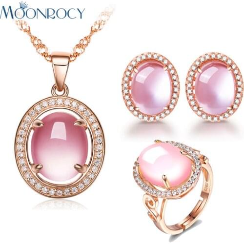 MOONROCY Rose Gold Color Oval CZ Crystal Ross Quartz Pink Opal Necklace Earrings and Ring Jewelry Set for Sweet OL Women Girls