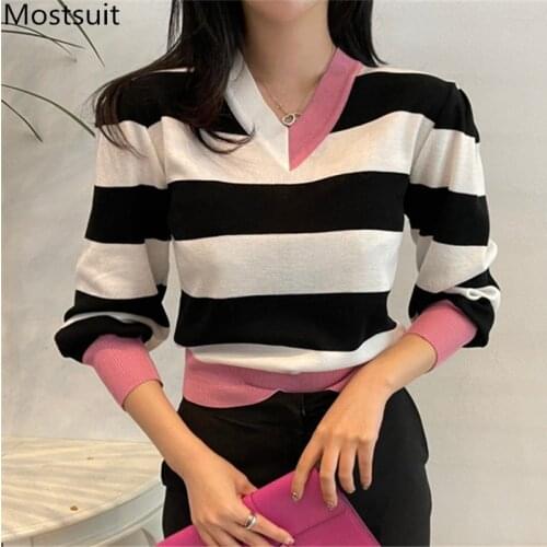 V-neck Striped Women Pullover Sweater 2021 Spring Full Sleeve Color-blocked Casual Fashion Korean Female Jumpers Tops Femme