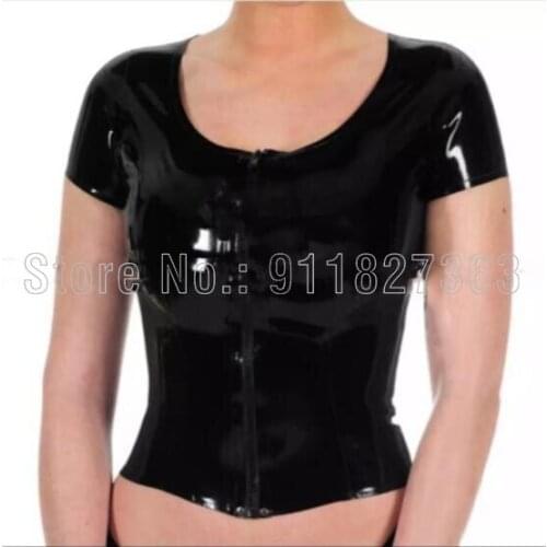 100% Latex Top Sexy Short Sleeve Black Latex Top T-Shirt with Front Zipper Customize