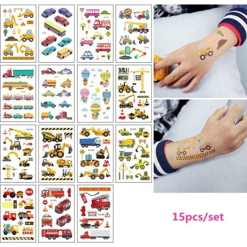 15pcs/set Tatuajes Temporales Cartoon Truck Car Fake Tattoo Kids Hands Arm Leg Body Temporary Tatoo Waterproof Tatouage Enfant
