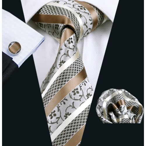 2016 Classic Men Tie Brown Stripe 100% Silk Jacquard Woven Barry.Wang Tie Hanky Cufflink Set For Men Formal Wedding Party LS-905