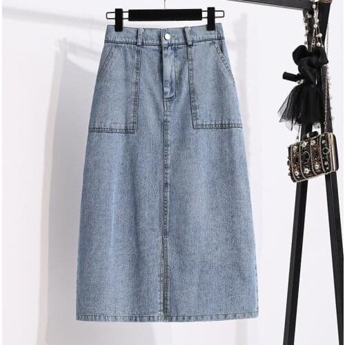 2021 Women Vintage Plus Size Faldas Lady Elastic High Waist Denim Button Pocket Loose Skirt Female Casual Chic A-Line Skirt K263