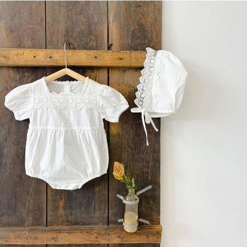 2021 Summer Baby Girls Clothes Set Korean Style Lace Square Neck Triangle White Jumpsuit+Hat Cute Children Newborn Clothing Suit