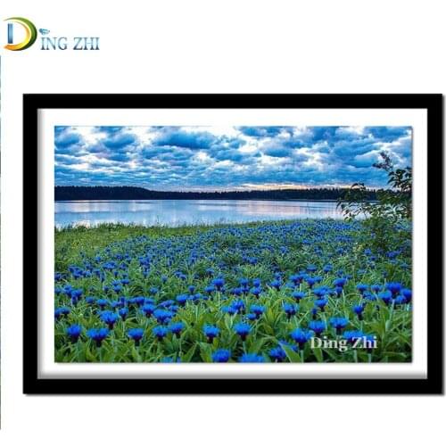 Diamond Painting Blue Cornflower 5D Mosaic Diamond Embroidery Natural Scenery Flower Sea Lake Landscape Cross Stitch Needlework