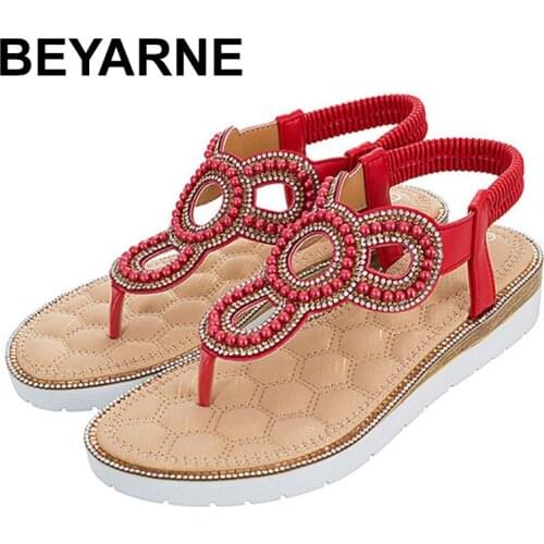 BEYARNEBohemian Style Fashion Summer Beach Sandals Women Sandalias Gorgeous Flowers Rhinestones Flat Bottom Big Size WomenSandal
