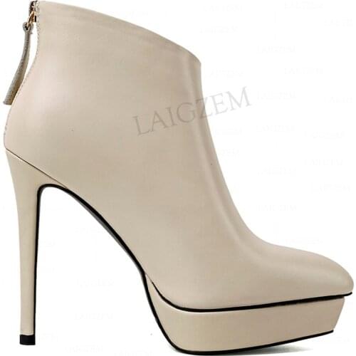 BERZIME Ankle Boots Leather Pointy Toe Back Zip Stiletto High Heels Booties Beige Black Ladies Shoes Woman Large Size 39 45 40