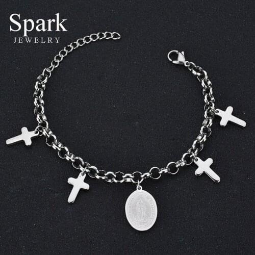 Religious Stainless Steel Virgin Mary Cross Bracelets For Women Christian Jesus Steel Color Adjustable Charm Bracelets