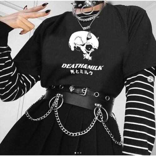 DEATH&MILK T-shirt Dark horror skull print loose T-shirt street style Gothic womens top Harajuku casual O-neck punk T-shirt
