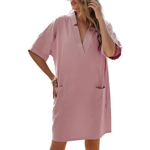 Elegant Soild Shirt Dress Womens Summmer Sundress 2021 Casual Half Sleeve Mini Vestidos Female Pockets Robe Plus Size S-XL