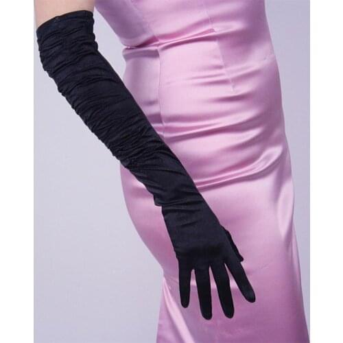 Elegant Satin Black Long Thin Full finger Dress Gloves Women Retro Pleated Elastic Silky Pearlescent Driving Warm Glove K50