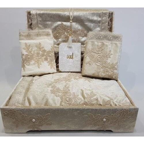 French Filet Lace Coffer Prayer Rug Set Velvet Bundle Set Cappuccino