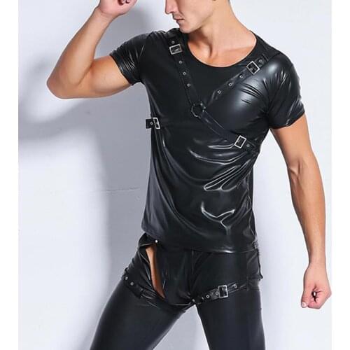 Mens T Shirt Patent Leather Tshirts Sexy Men Fashion Tees Tight Shirts Faux Leather Funny Undershirts Gay Fitness Tops Tees XXL