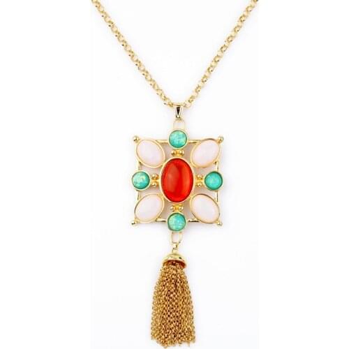 Geometric Imitation Gemstone Long Tassel Necklace Pendant Classic Women Gold Color Accessory Gift Party