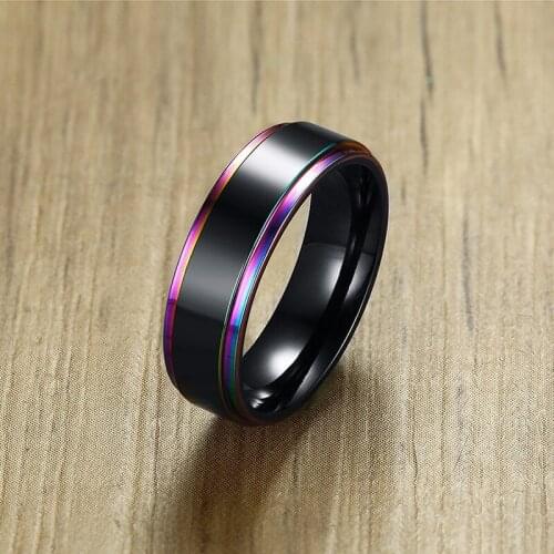 Classic 6mm Black With Rainbow Edge Mens Wedding Band Ring Stainless Steel Simple Male Jewelry Statement Alliance