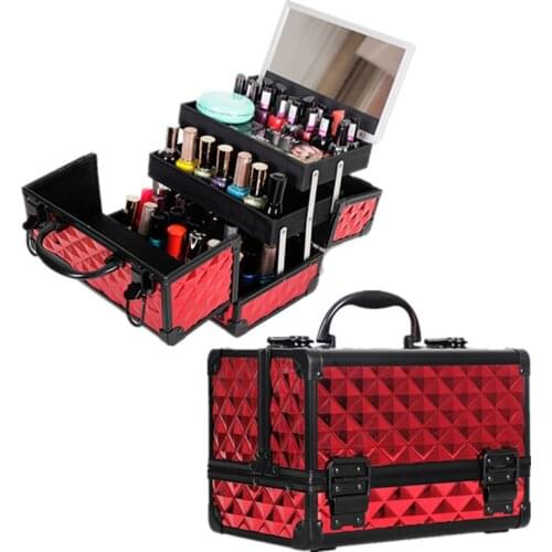 Women Aluminum Alloy Cosmetic Cases With Mirror Makeup Box Travel Beauty Tattoos Nail Art Tool Nail polish Storage Organizer New