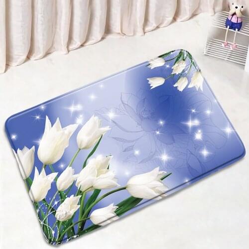 Natural Floral Bath Mats White Flowers Blue Door Pad Entrance Bedroom Floor Mat Flannel Rug Anti-slip Carpet Bathroom Decoration