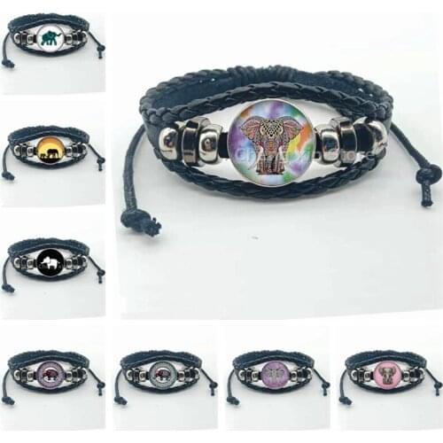 Round glass convex round elephant with flower pattern glass multilayer leather handmade bracelet fashion jewelry best gift