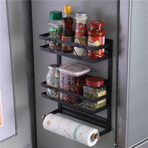Magnetic Fridge Shelf Paper Towel Roll Holder Magnet Storage Rack Spice Side Hang Rack Decorative Metal Shelf Kitchen Organizer