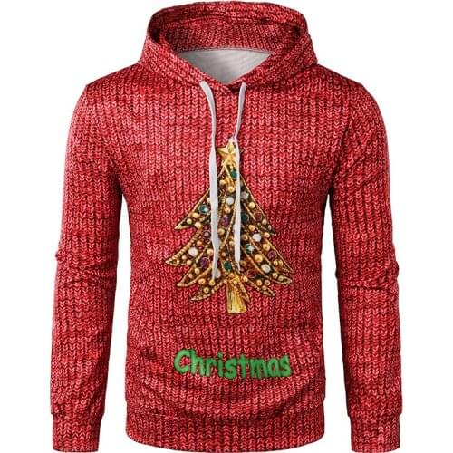 New Red Christmas Hoodie Mens 3D Santa Claus and Tree Print Hoodie Mens Hip Hop Sweatshirt