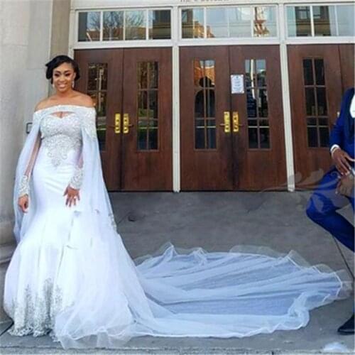 Plus Size Mermaid Wedding Dresses Long Cape Sparkly Crystal Beaded Lace African Nigerian Garden Bride Wedding Gowns