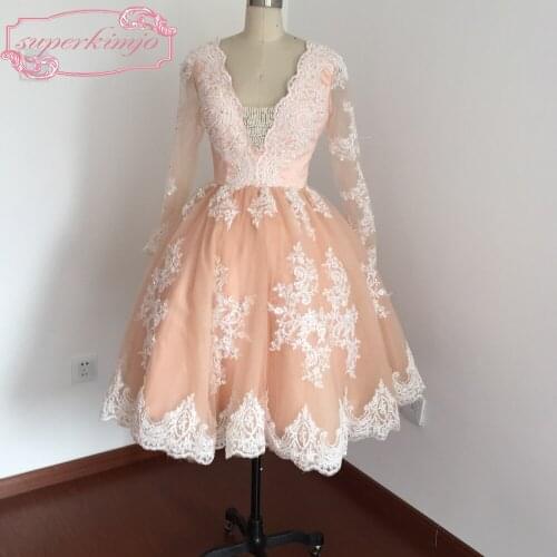 Actual Image Cocktail Dresses Deep V Neck Beading Sequins Lace Appliques Long Sleeve Coral Short Homecoming Dresses Real Picture