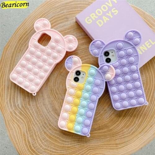 Pop Fidget Toys Push Bubble Silicone Beans Case For iPhone 6 6s 7 8 Plus X XR XS 11 12 Pro Max SE Cartoon Bear Ears Cover