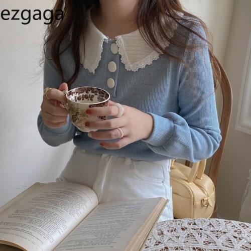Ezgaga Sweet Sweater Pullover Women Fashion Peter Pan Collar Lace Patchwork Button Knitted Jumper Autumn Girl Korean Fashion