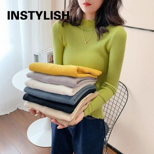 Instylish Sweater Women Korean Solid Ruched Turtleneck Pullover Casual Vintage Harajuku Slim Wood Ears Long Sleeves Jumper Top