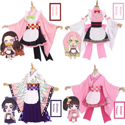 Anime Demon Slayer Kamado Nezuko Kanroji Mitsuri Kochou Shinobu Tsuyuri Kanawo Cosplay Maid Kimono Uniforms Wig Costume