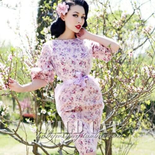Spring Type Vintage Sweet Dress Voile Two Layers Pink Puff Sleeve Slim Waist Sash Decor Dress