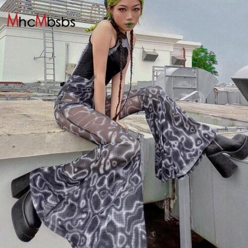 Vintage Gothic Swirl Print Black Pants Women High Waist Casual Loose Mesh Flared Trousers 2021 Korean Harajuku Punk Clothes