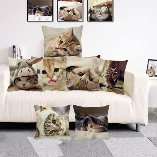 XUNYU Cute Pet Cat Baby Cushion Cover Linen Pillowcase Home Decorative Sofa Cushion Cover Throw Pillowcase 45x45cm B0045