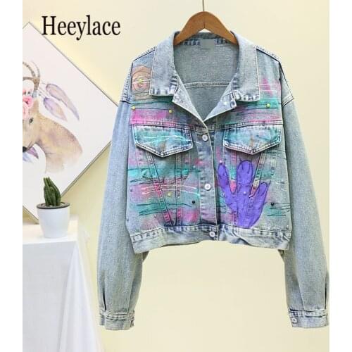 Women Jeans Jacket 2020 Spring Autumn Graffiti Beading Denim Jacket Long Sleeve Retro Basic Coat Short Loose Female coats
