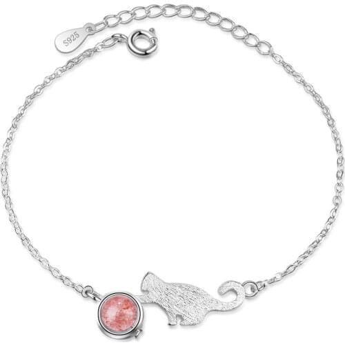 New Sweet Little Cute Cat Animal Strawberry Quartz 925 Sterling Silver Ladies Bracelets Jewelry Women No Fade Choker Charms Gift