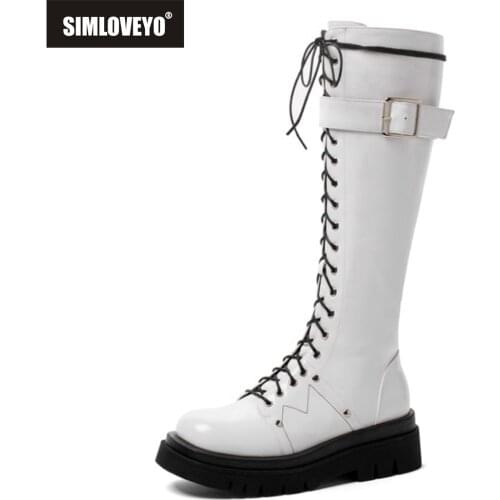 SIMLOVEYO Hot Women Knee High Riding Knight Boots Buckle Lace Up Rivet Chunky Platform Military Combat Motorcycle Long Boots 43