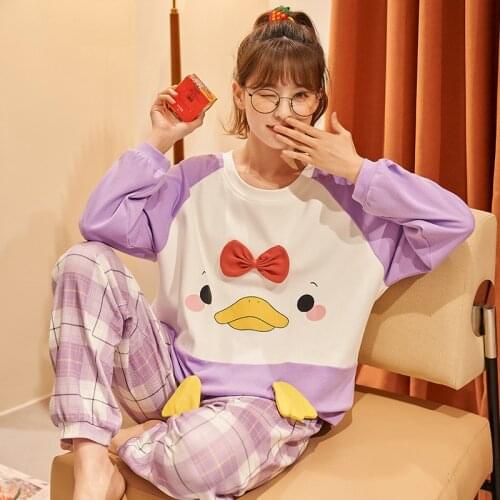 Womens Suit Cotton Cute Cartoon Print Round Neck Long-Sleeved Top Trousers Pajamas Sweet Girls Two-Piece Loungewear New 2021